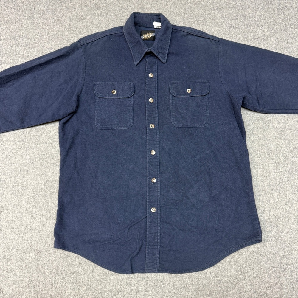 Golden Bear Button Down Shirt Large Navy Blue Cotton Flannel Pockets Made in USA